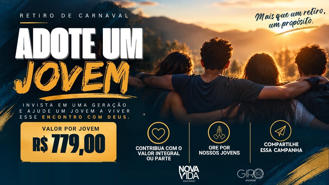 Arte da campanha Adote um Jovem, Retiro de Carnaval do Giro 180: R$ 779,00 por jovem