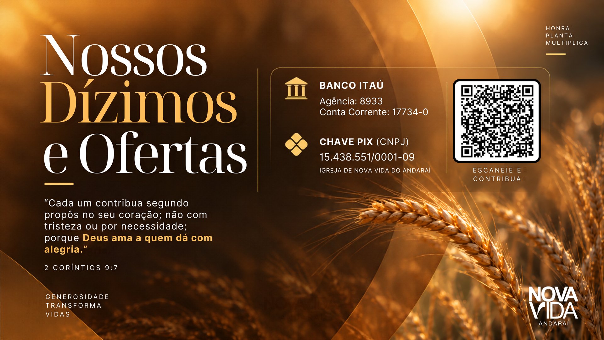 Nossos Dízimos e Ofertas: Banco Itaú, agência 8933, conta corrente 17734-0, chave PIX (CNPJ) 15.438.551/0001-09, com o QR Code PIX e o versículo de 2 Coríntios 9:7