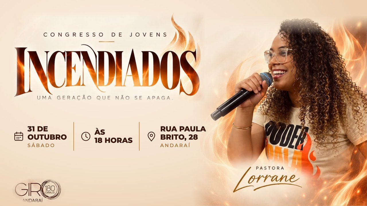 Cartaz: Congresso de Jovens Incendiados, sábado 31 de outubro, 18h, com a Pastora Lorrane