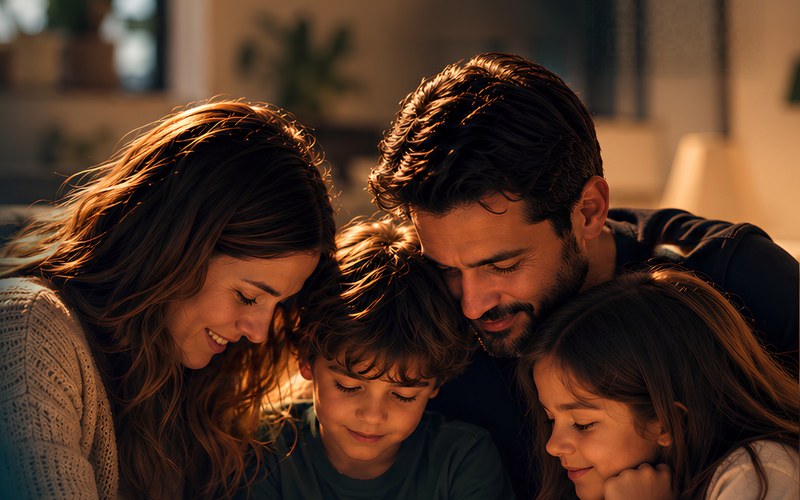 Família lendo a Bíblia junto, em casa
